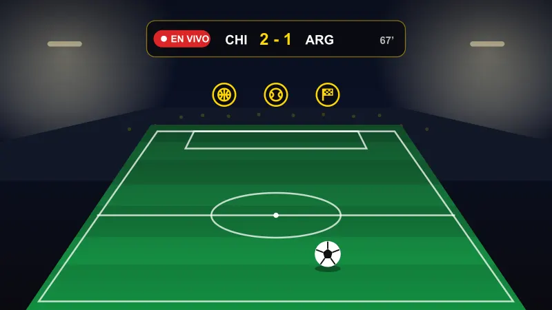 Partido de fútbol en vivo con marcador e íconos de otros deportes
